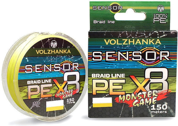 Плетеный шнур Волжанка Sensor Monster Game X8 # 2,5 30lb 13,62кг 0,26мм 150м #Желтый (Yellow)