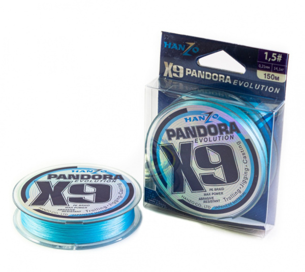 Плетеный шнур Hanzo Pandora Evolution X9 # 1,5 31lb 14,1кг 0,21мм 150м #Синий (Blue)