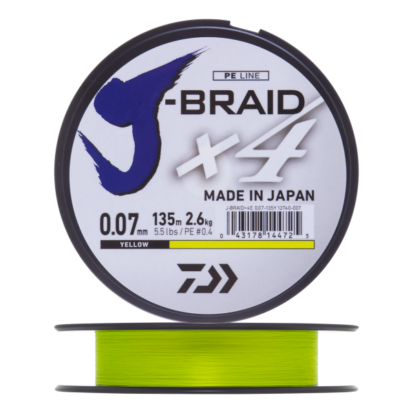 Плетеный шнур Daiwa J-Braid X4E #  lb 2,6кг 0,07мм 135м #Желтый (Yellow)