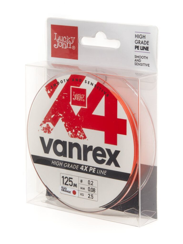 Плетеный шнур Lucky John Vanrex X4 # 0,2 6lb 2,5кг 0,08мм 125м #Оранжевый (Orange)