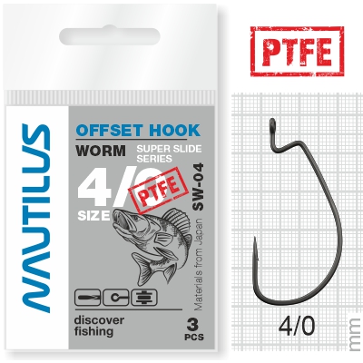 Крючок Офсетный Nautilus Offset Super Slide Series Worm SS-04PTFE №4/0 3шт