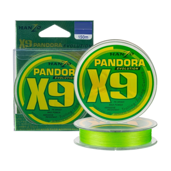 Плетеный шнур Hanzo Pandora Evolution X9 # 2 35lb 15,9кг 0,24мм 150м #Зеленый (Green)